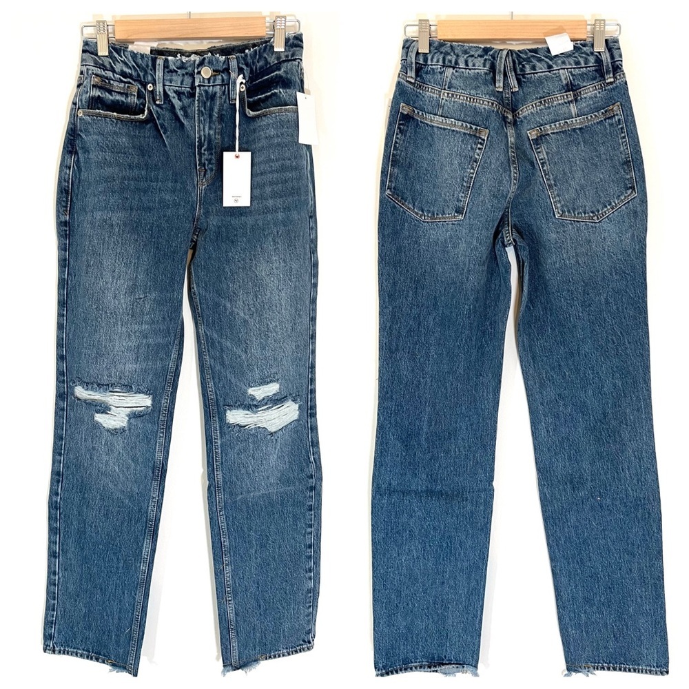 Good American NWT Good Icon Straight Ankle Crop Indigo061 Medium Wash Distressed